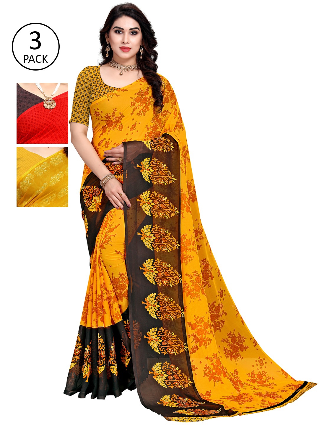 

KALINI Pack Of 3 Yellow & Red Saree