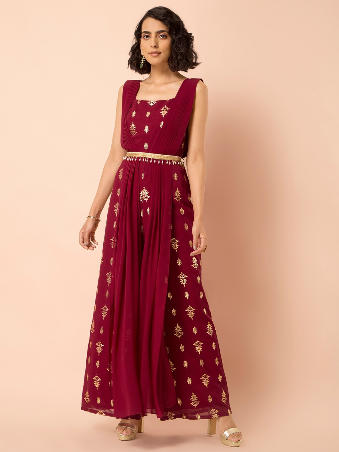 

INDYA Maroon & Gold-Toned Foil Double Dupatta Belted Jumpsuit