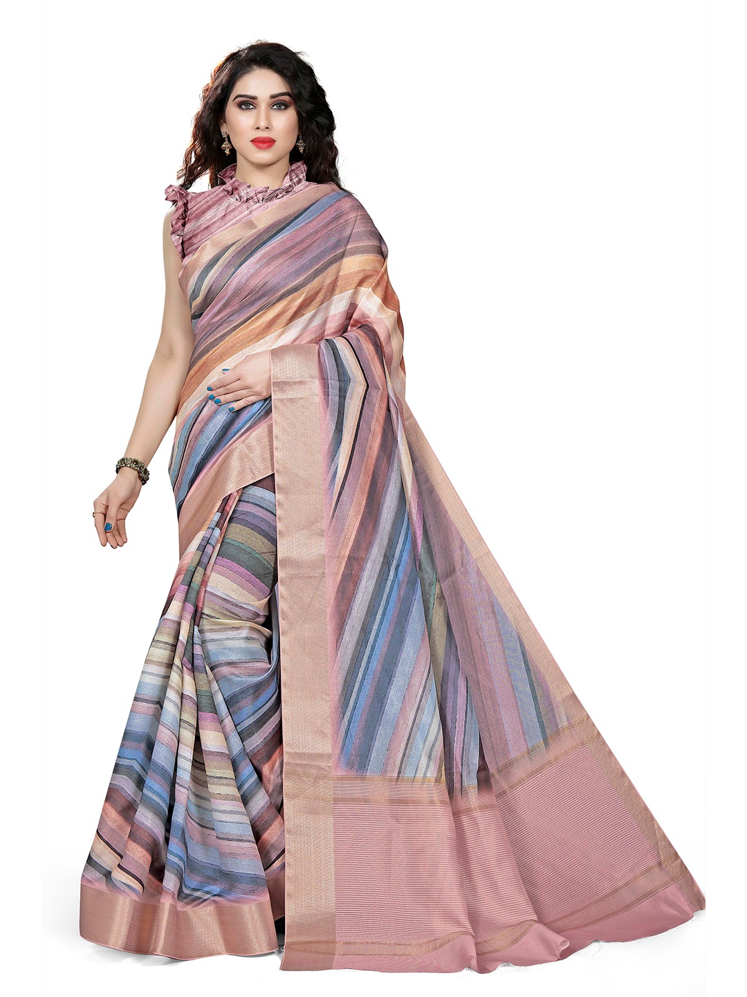 

MIRCHI FASHION Purple & Pink Striped Zari Silk Blend Saree