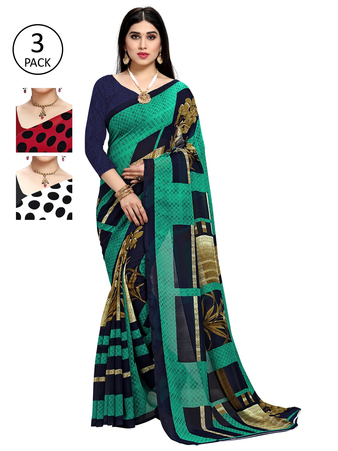 

KALINI Pack of 3 Printed Saree, Green