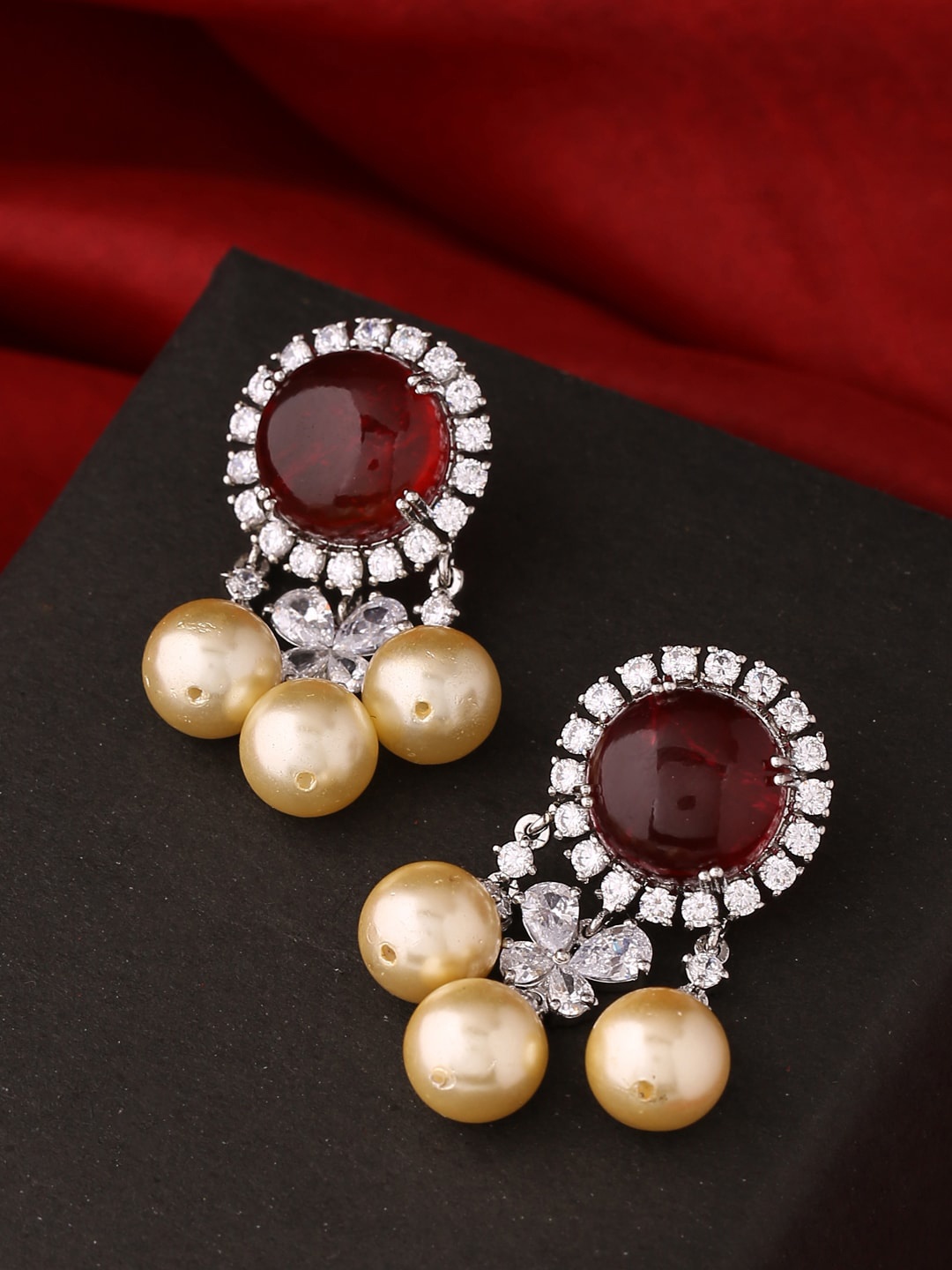 

Tistabene Women Rhodium-Toned Red Stone-Studded & Pearl Beaded Contemporary Drop Earrings