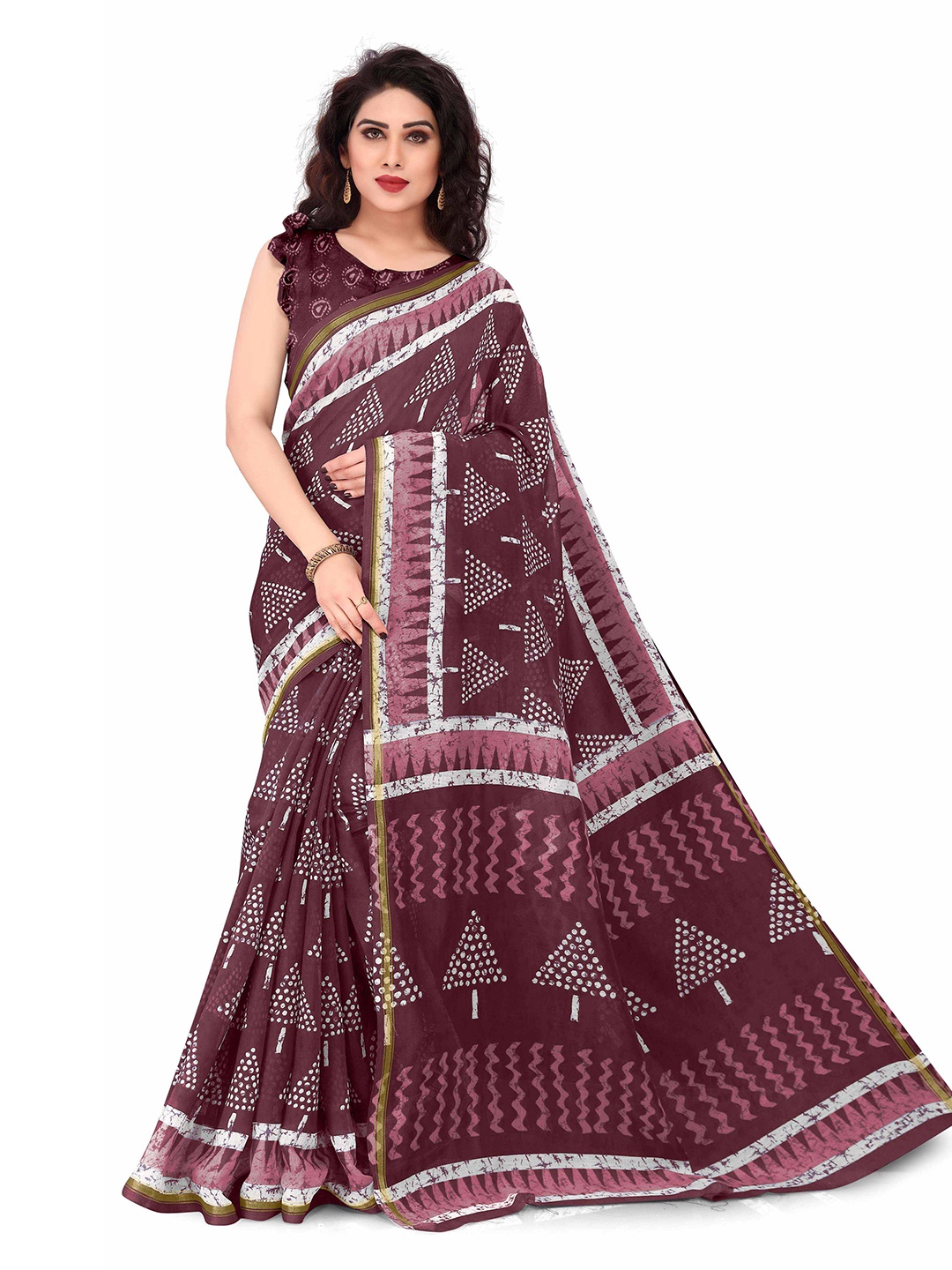 

KALINI Maroon & White Ethnic Motifs Printed Zari Border Saree