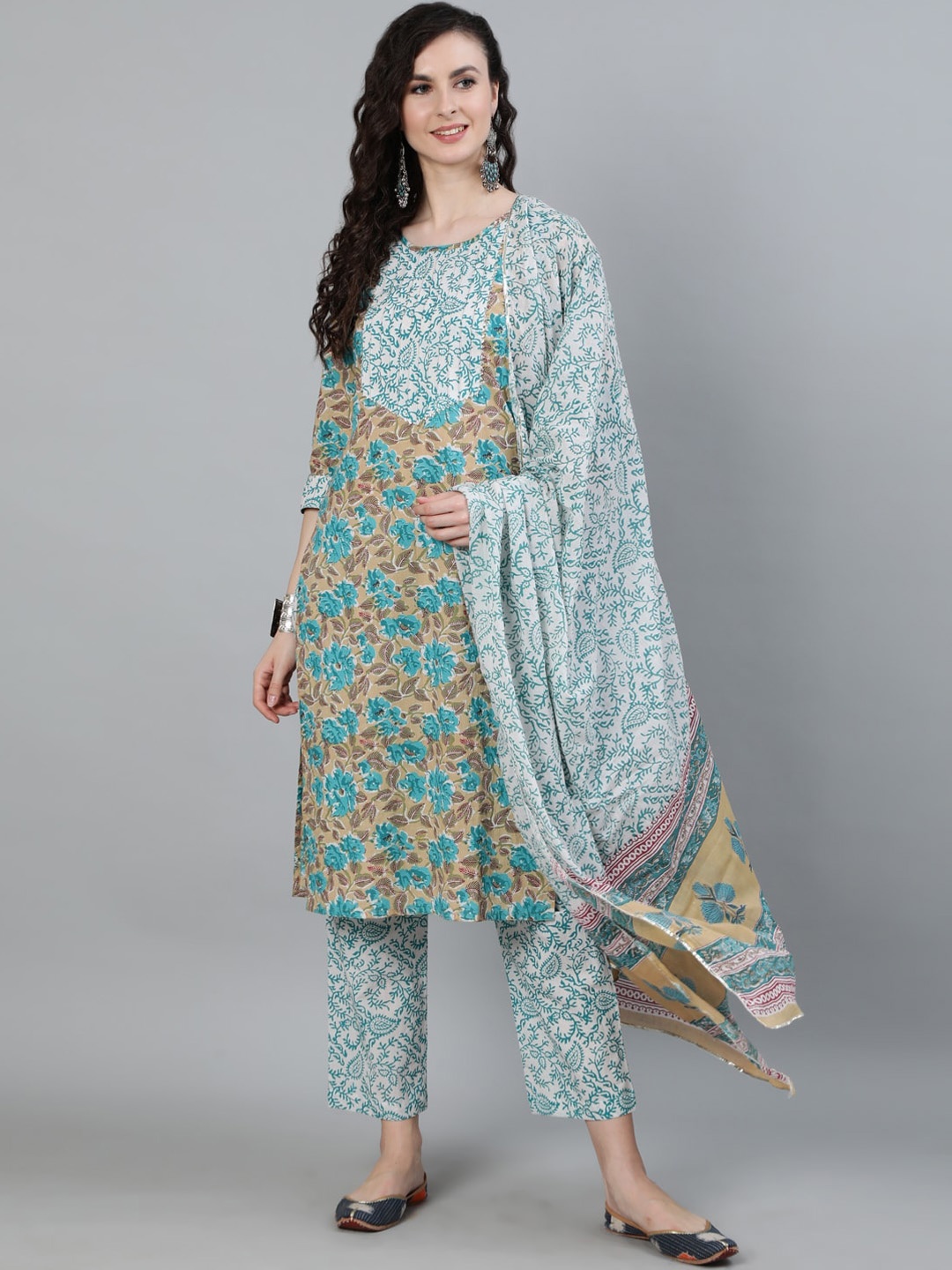 

Jaipur Kurti Women Turquoise Blue & Beige Floral Pure Cotton Kurta Set With Dupatta