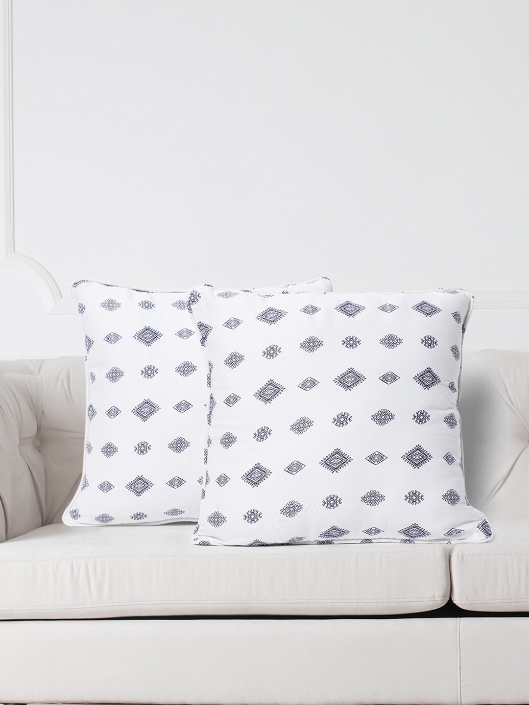 SWAYAM White & Blue Set of 2 Ethnic Motifs Square Cushion Covers