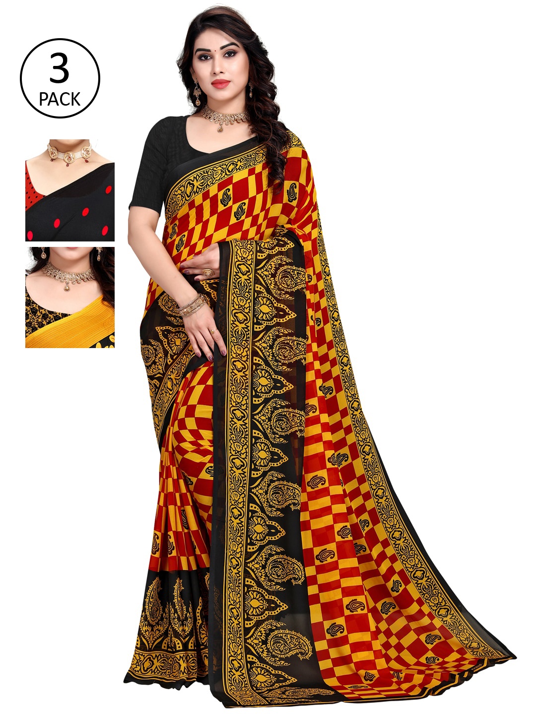 

KALINI Multicolor Georgette Printed Daily Wear Saree With Unstitched Blouse(Pack of 3), Yellow