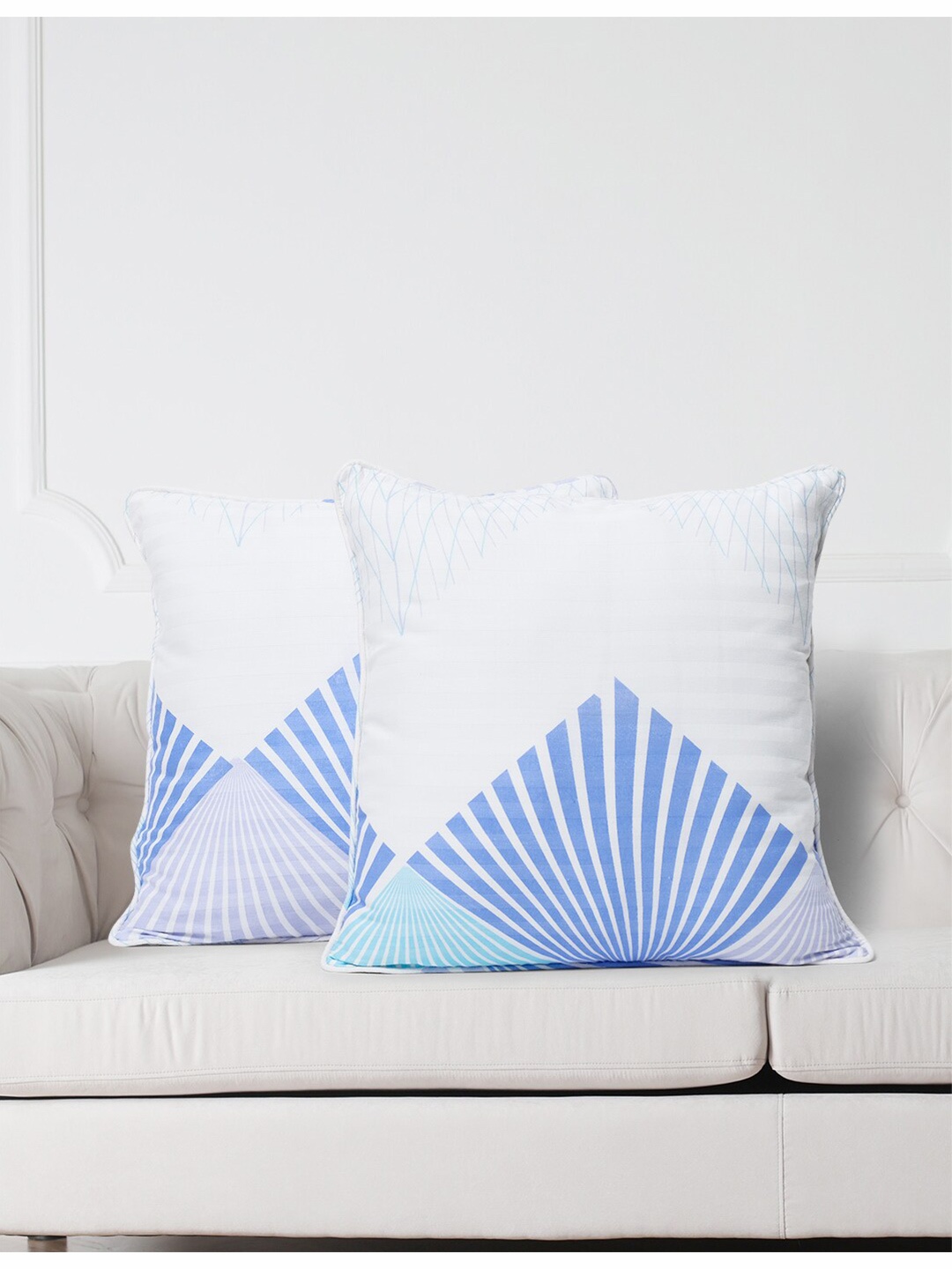 

SWAYAM White & Blue Set of 2 Geometric Square Cushion Covers