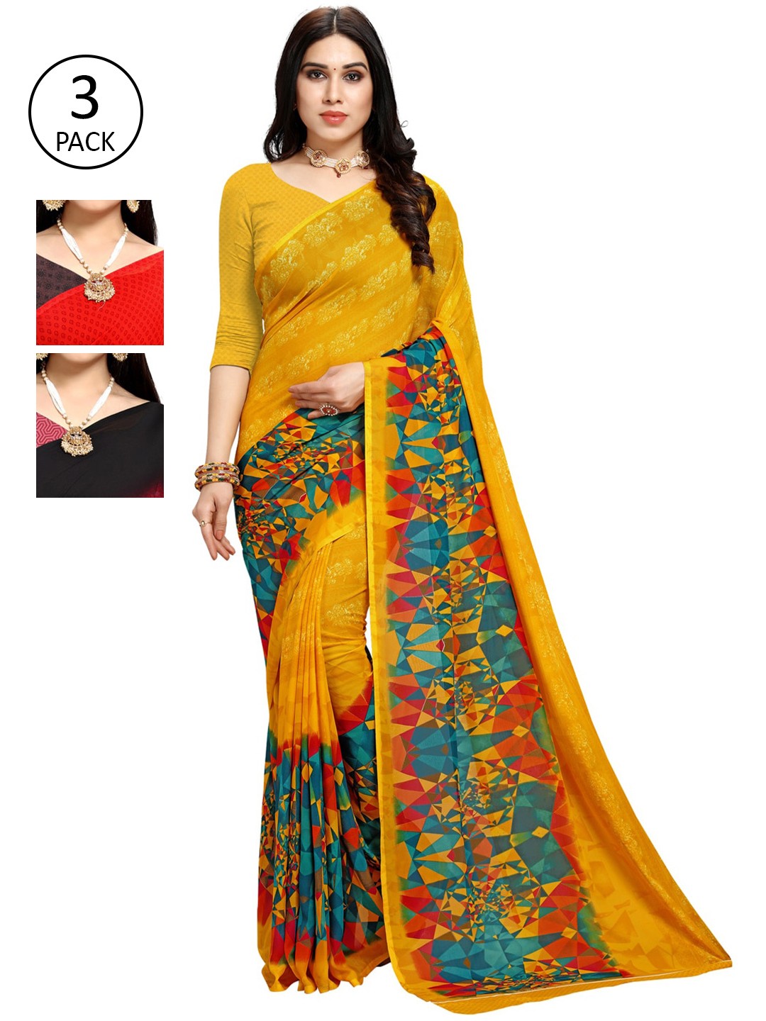 

KALINI Red & Brown Floral Pack of 3 Printed Sarees