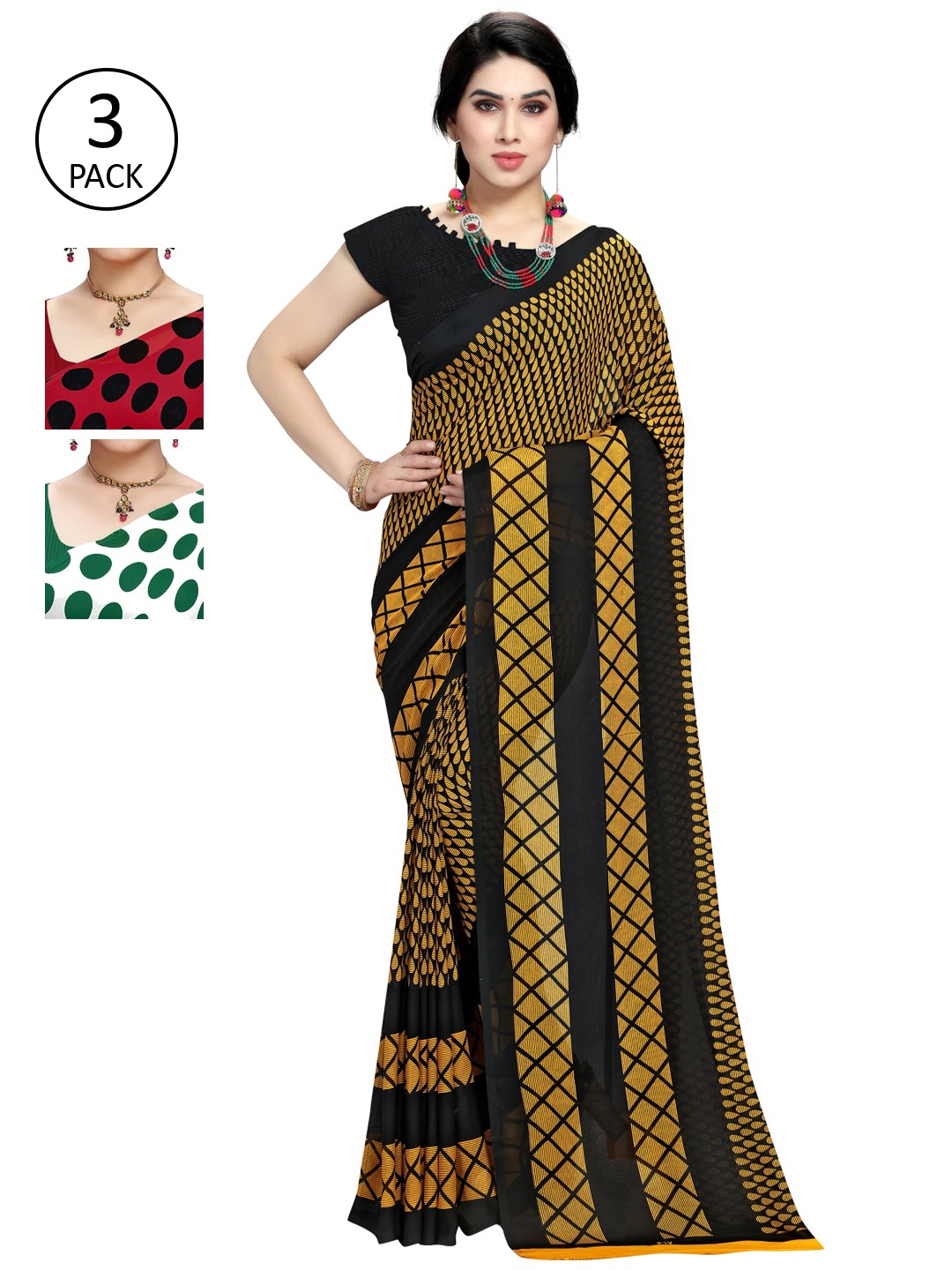

KALINI Pack of 3 Printed Sarees, Black