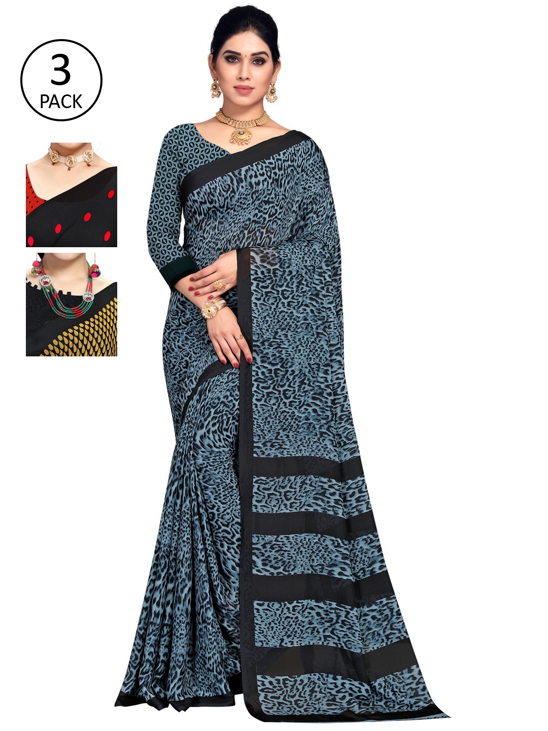 

KALINI Pack of 3 Printed Sarees, Red