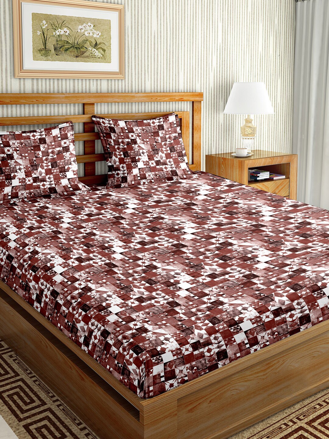 

BELLA CASA Brown & White Geometric 180 TC King Bedsheet with 2 Pillow Covers