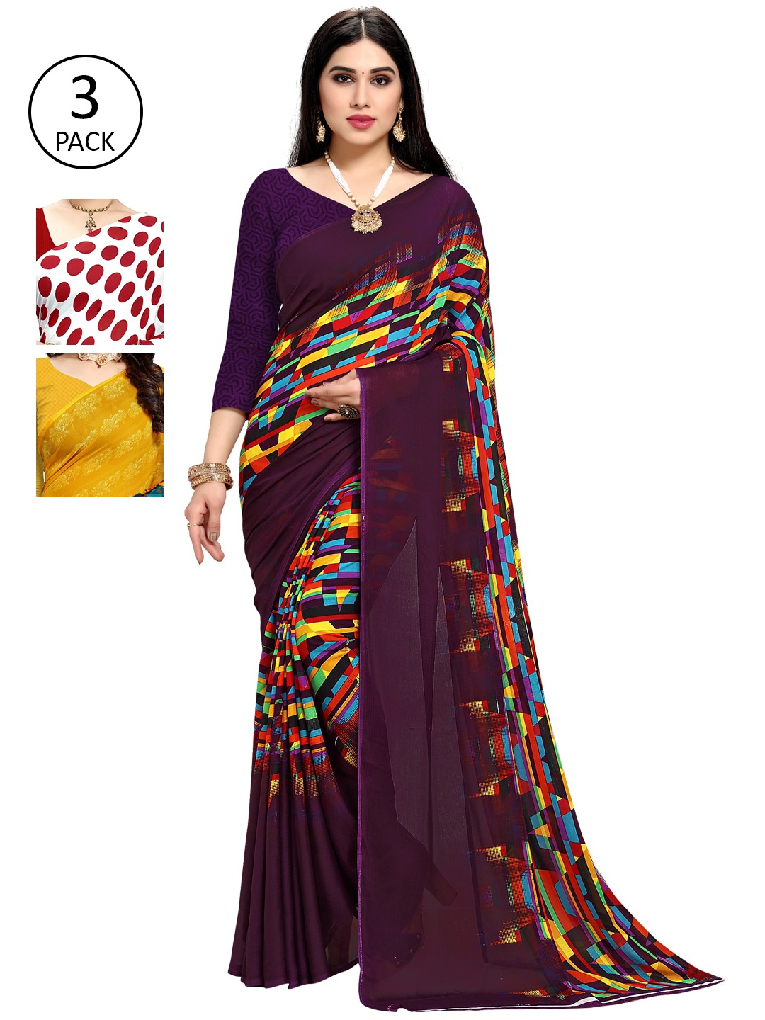 

KALINI Pack Of 3 Red & White Saree