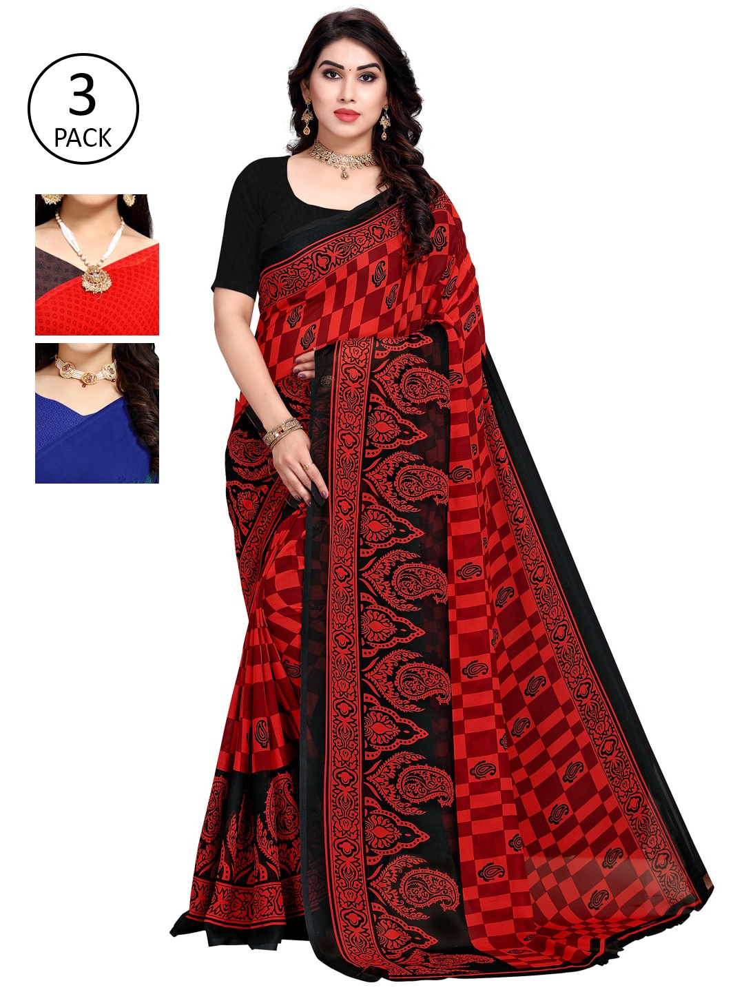 

KALINI Pack Of 3 Red & Blue Saree
