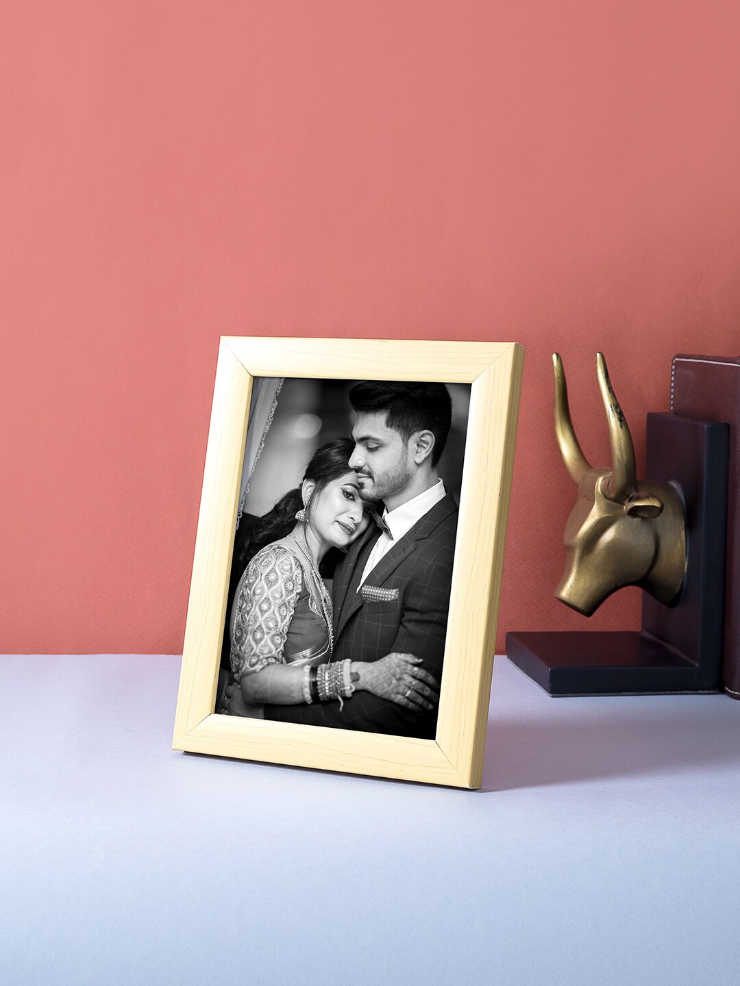 

Golden Peacock Brown Solid Wooden Table Top Photo Frame