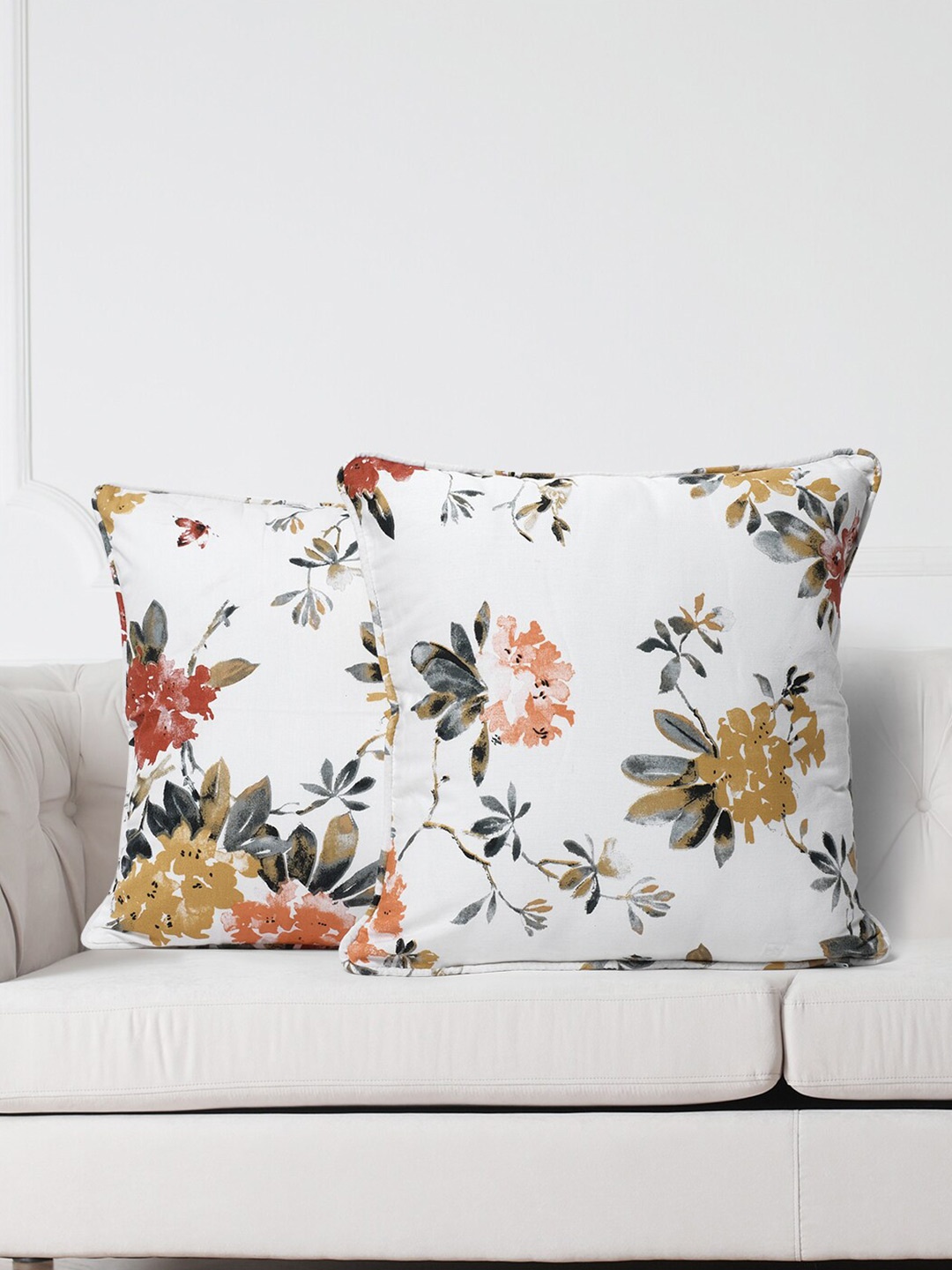 

SWAYAM White & Peach-Coloured Set of 2 Floral Square Cushion Covers