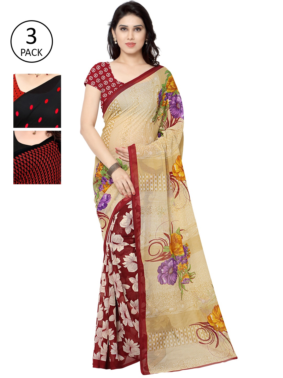 

KALINI Pack of 3 Printed Sarees, Black
