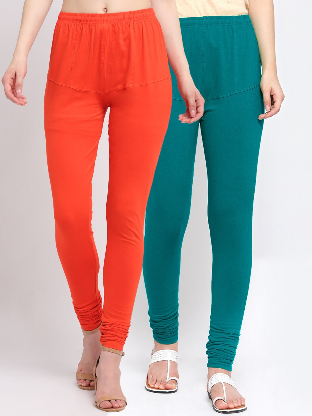 

KLOTTHE Women Pack of 2 Solid Cotton Churidar-Length Leggings, Orange