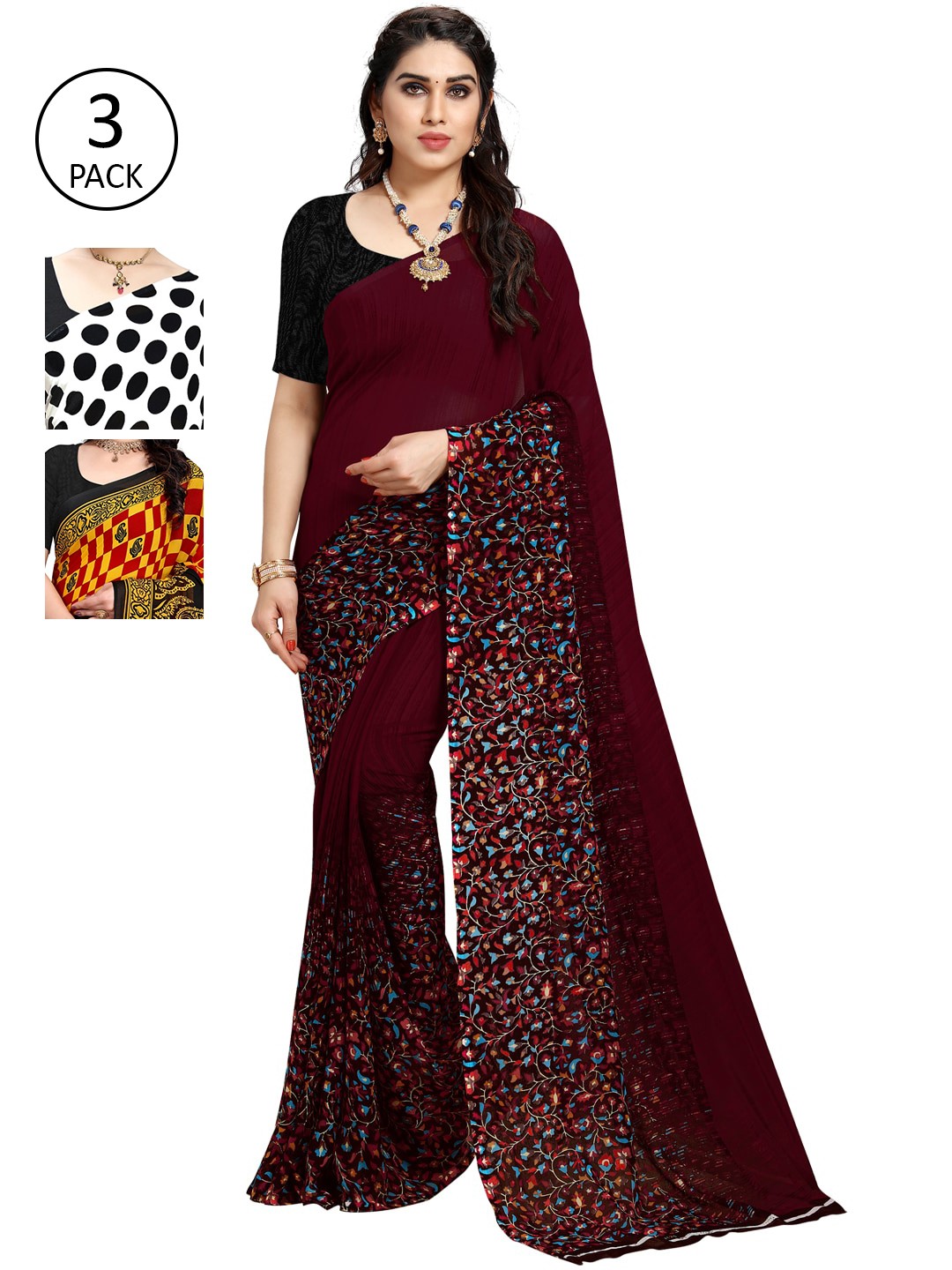 

KALINI Pack of 3 Printed Sarees, Maroon
