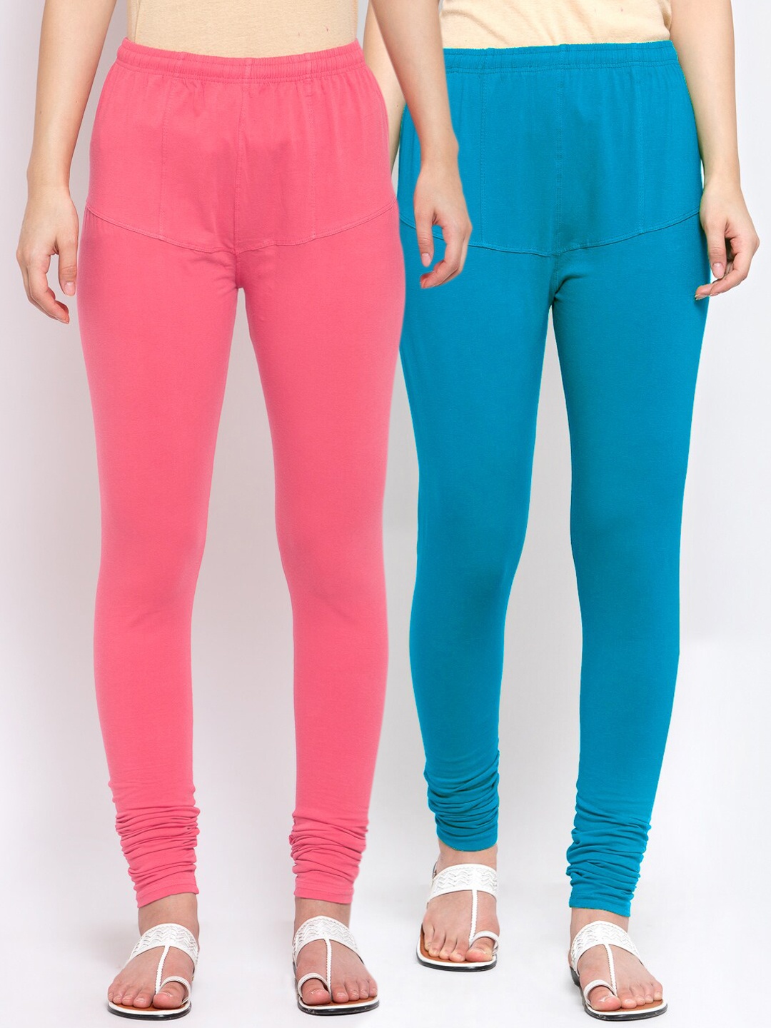 

KLOTTHE Women Pack of 2 Pink & Blue Solid Cotton Churidar-Length Leggings
