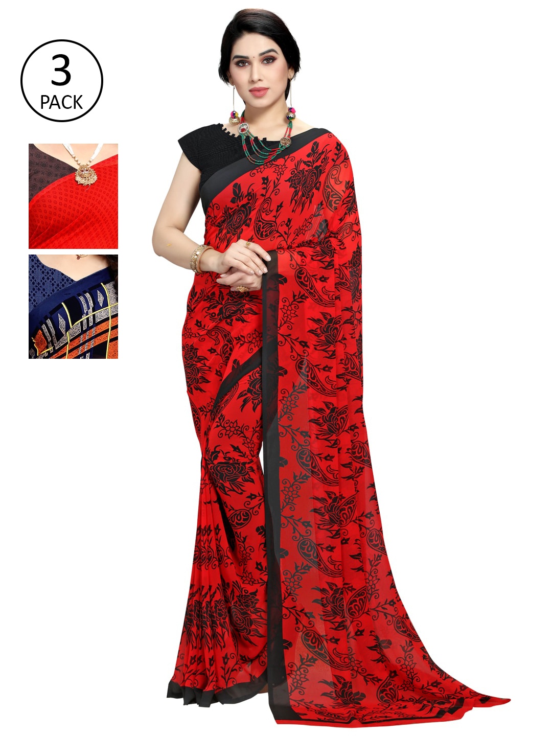 

KALINI Pack of 3 Poly Georgette Saree, Red