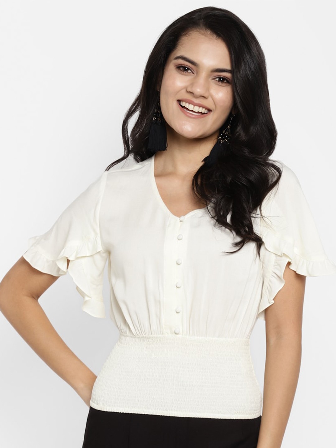 

DEEBACO Off White Flutter Sleeve Cinched Waist Top