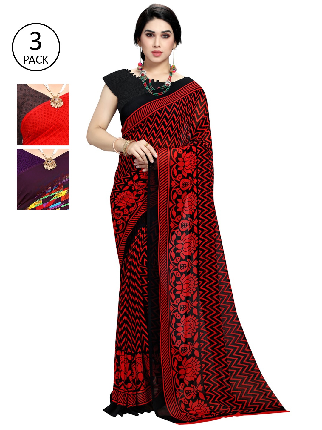 

KALINI Pack of 3 Poly Georgette Sarees, Red