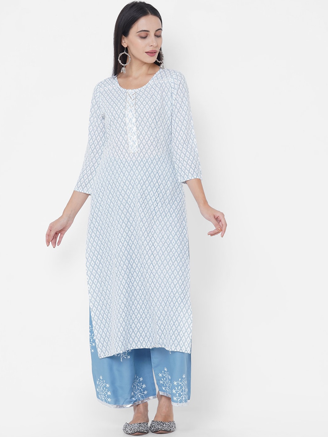 

FASHOR Women Blue Embroidered Kurta with Palazzos & With Dupatta
