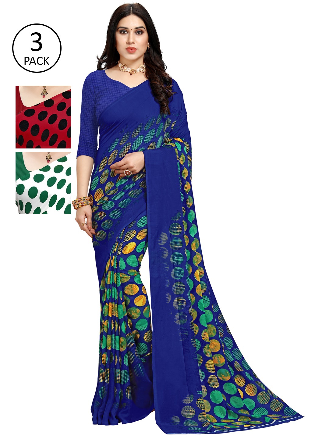 

KALINI Pack of 3 Printed Sarees, Red