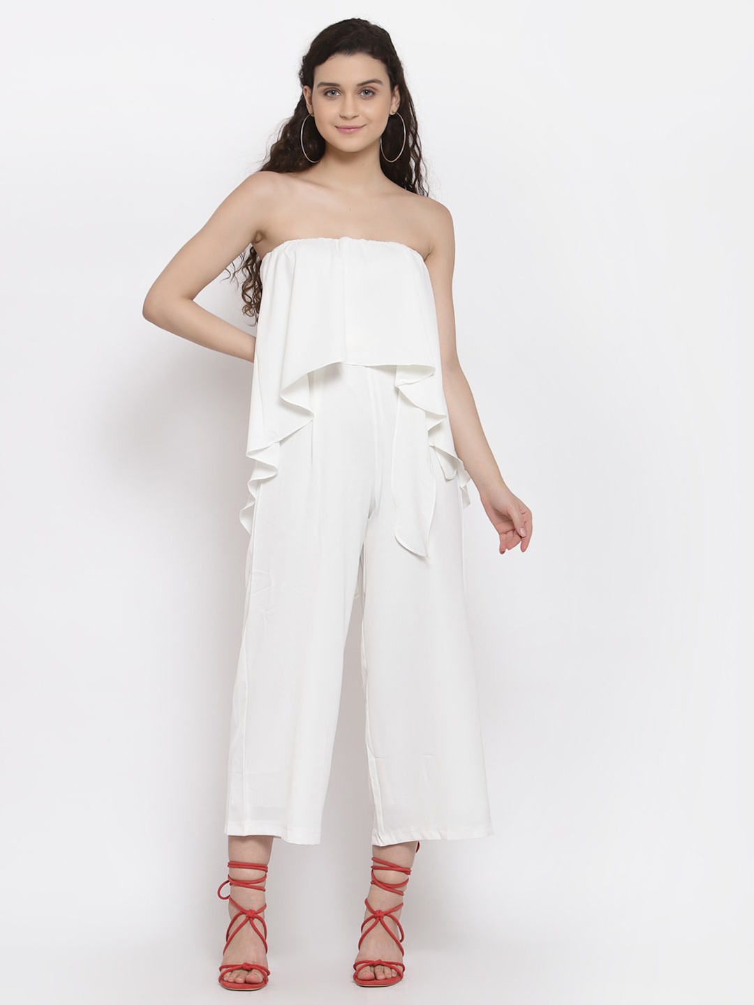 

iki chic Women White Off-Shoulder Culotte Jumpsuit with Ruffles