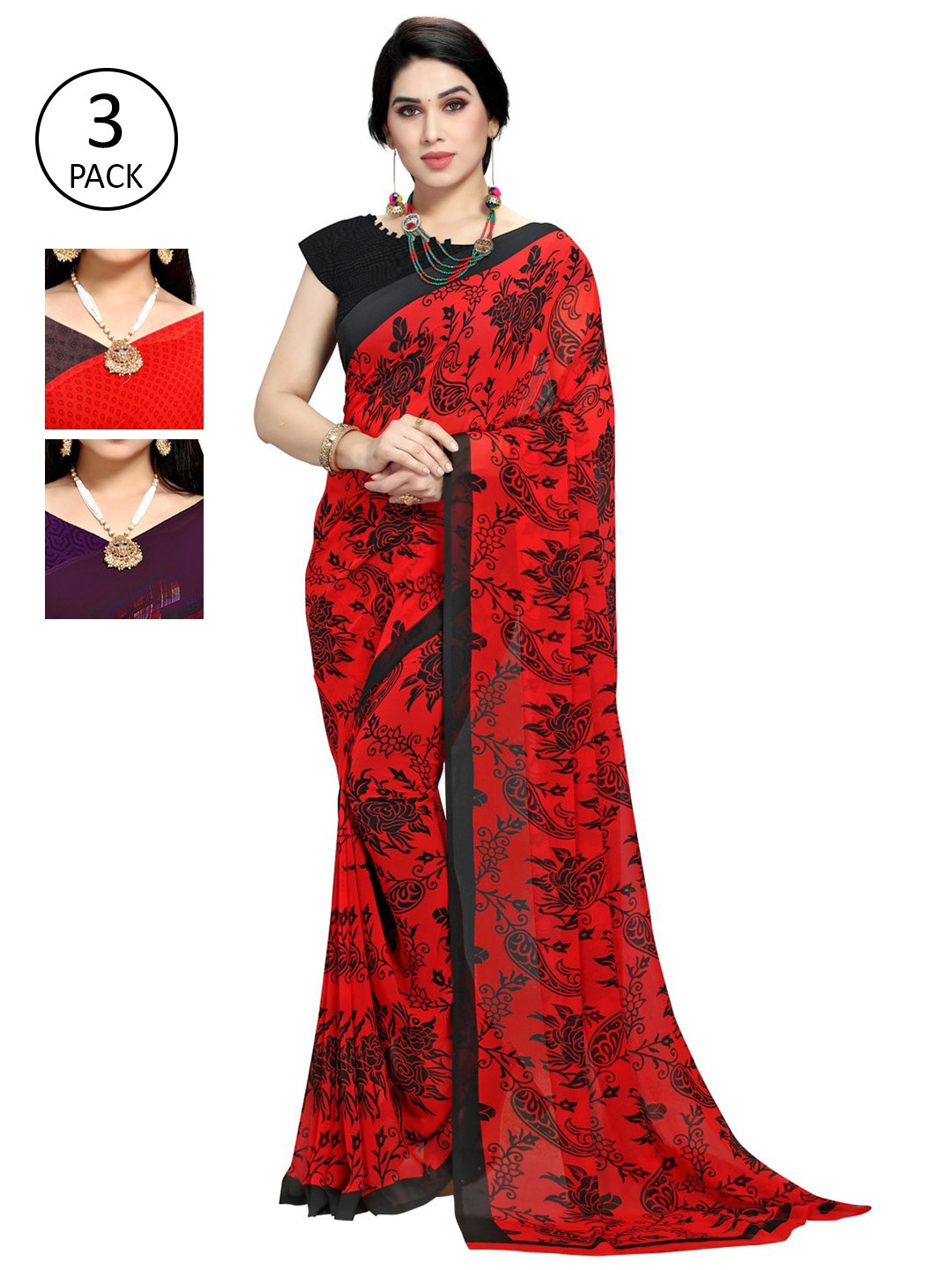 

KALINI Pack of 3 Printed Poly Georgette Sarees, Red