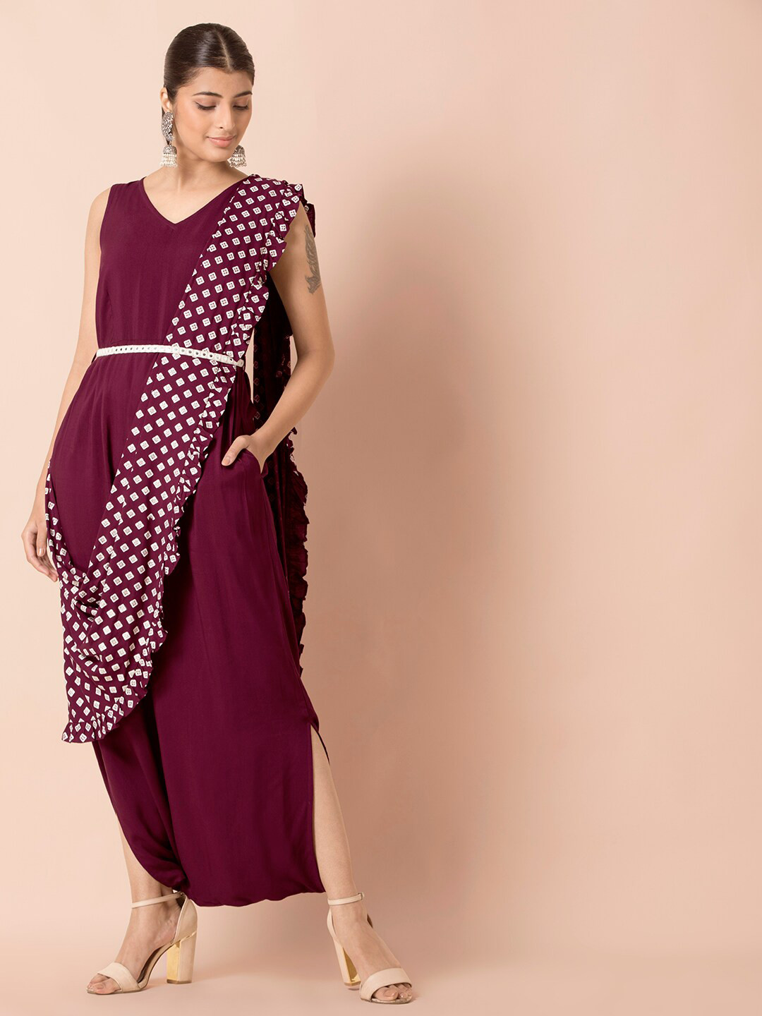 

INDYA Maroon & White Foil Jumpsuit with Attached Dupatta