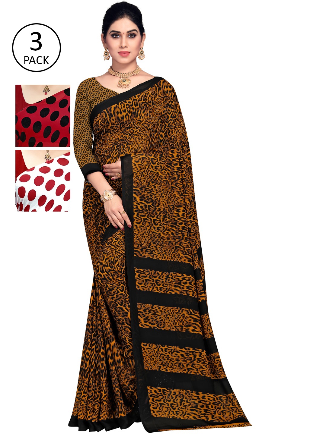 

ANAND SAREES Pack of 3 Printed Saree, Red