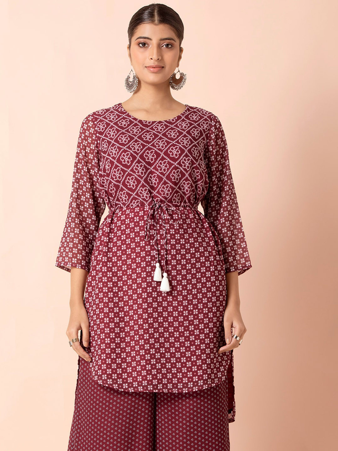 

INDYA Women Maroon Bandhani Drawstring High Low Short Tunic