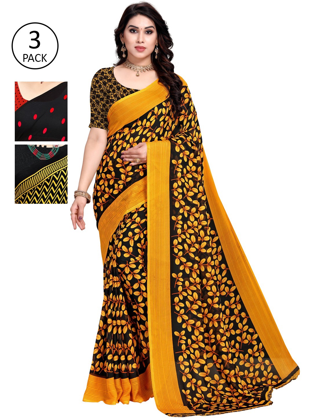 

KALINI Multi Printed Poly Georgette Daily Wear Sarees-Pack of 3, Red