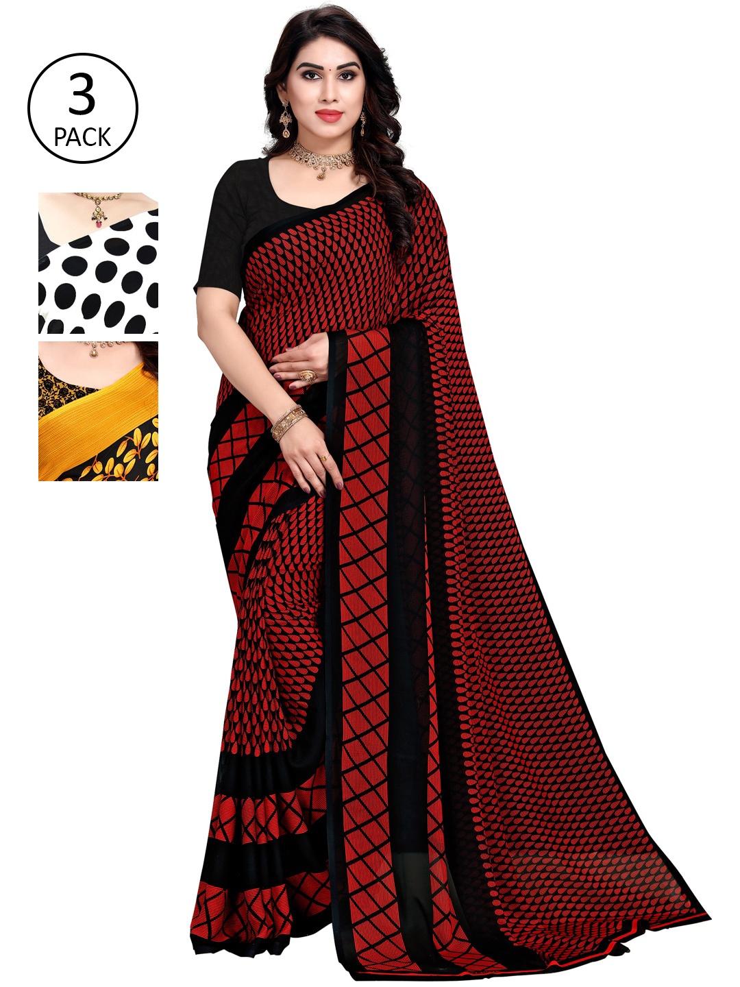 

KALINI Women Pack of 3 Georgette Multi Printed Saree, White