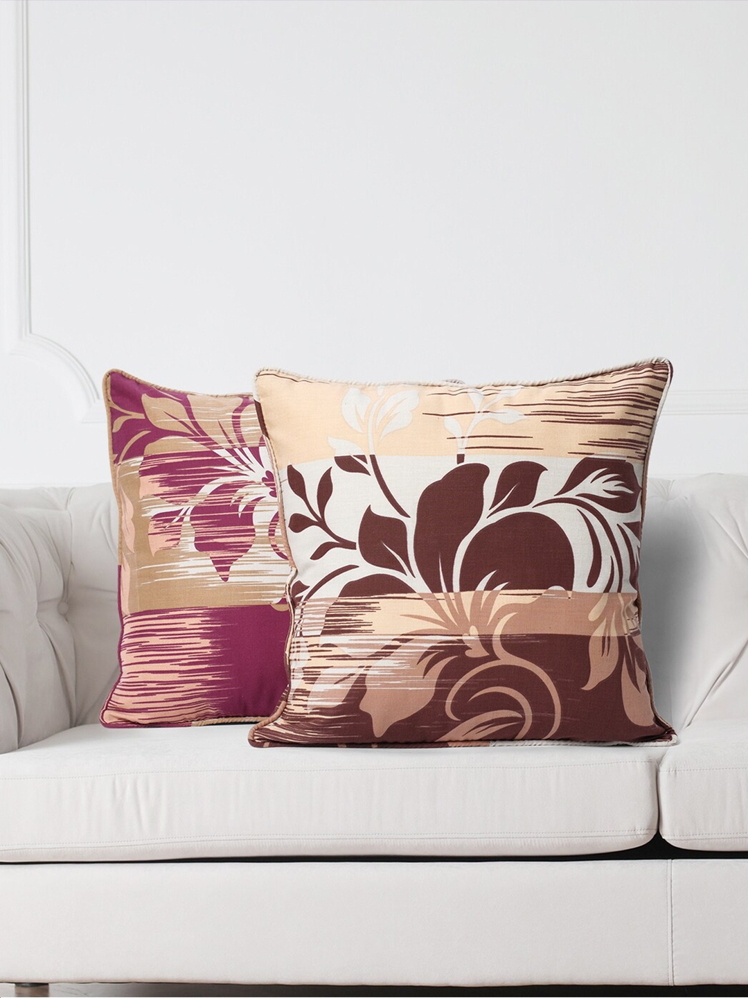 SWAYAM White & Brown Set of 2 Floral Square Cushion Covers