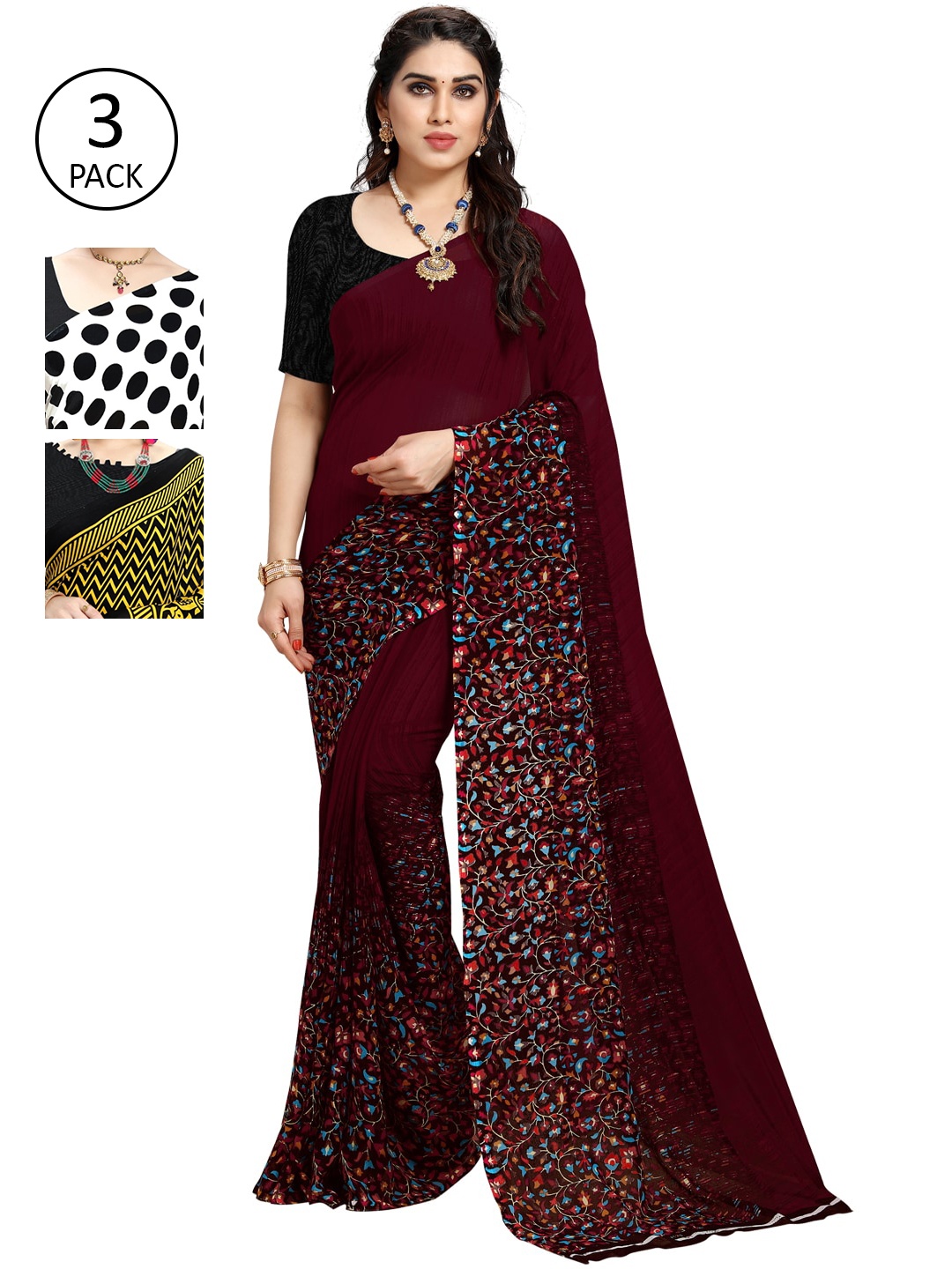 

ANAND SAREES Pack Of 3 Multicoloured Printed Sarees, White