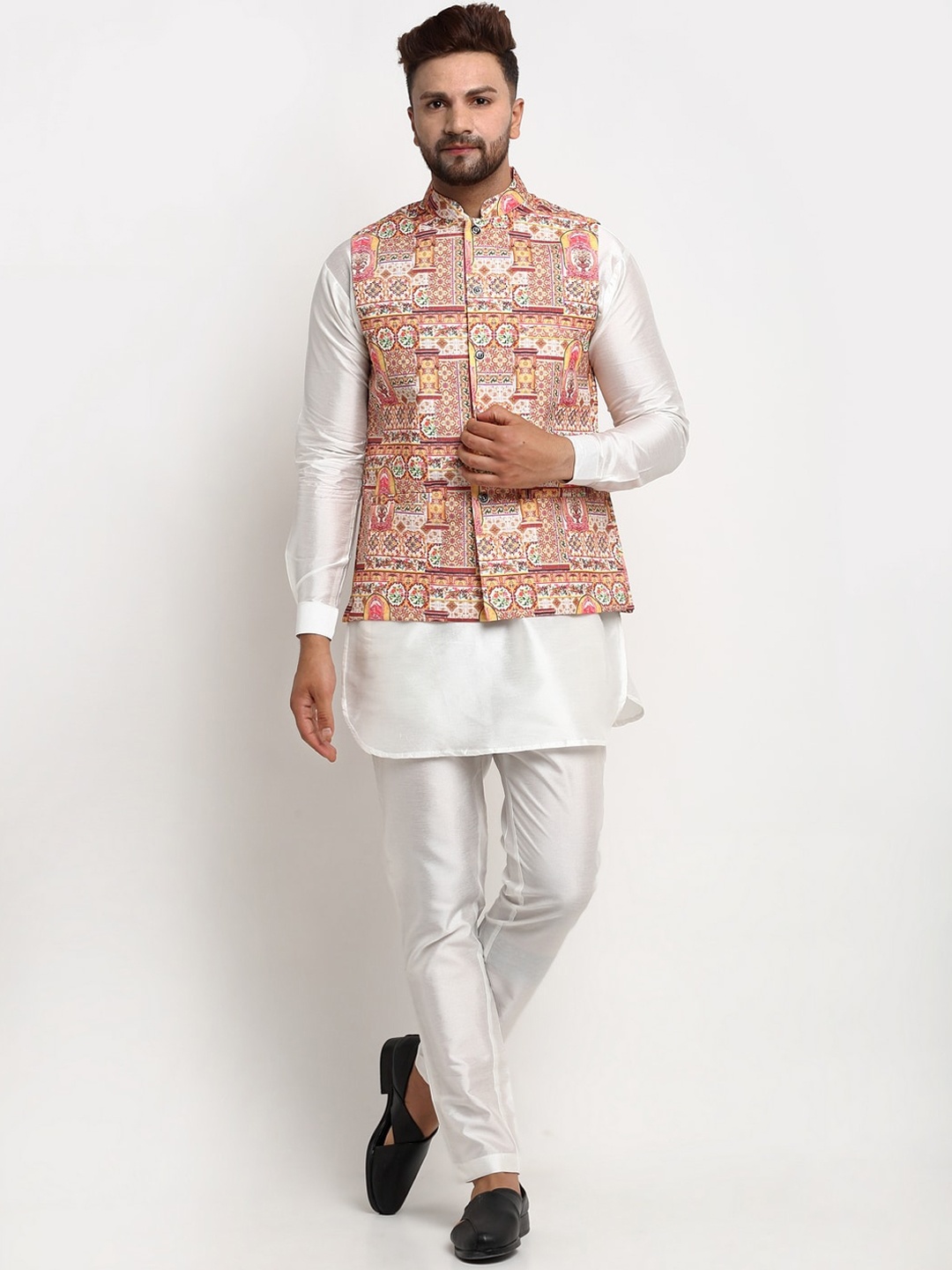 

Benstoke Men White & Yellow Dupion Silk Kurta & Pyjamas With Nehru Jacket