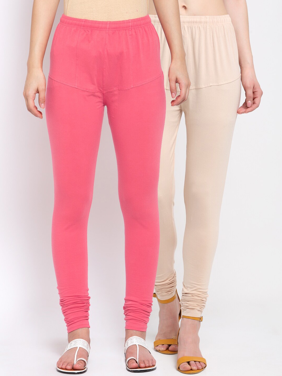 

KLOTTHE Women Pack of 2 Pink & Beige Cotton Churidar-Length Leggings