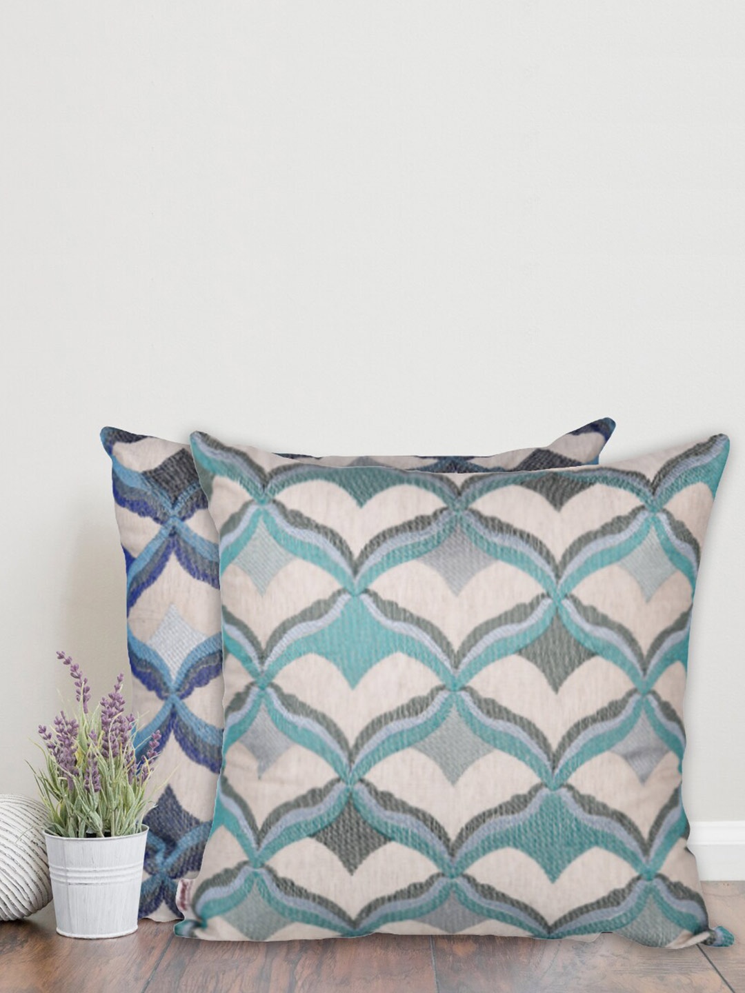 

Home Set Of 2 Blue & Sea Green Geometric Square Cushion Covers