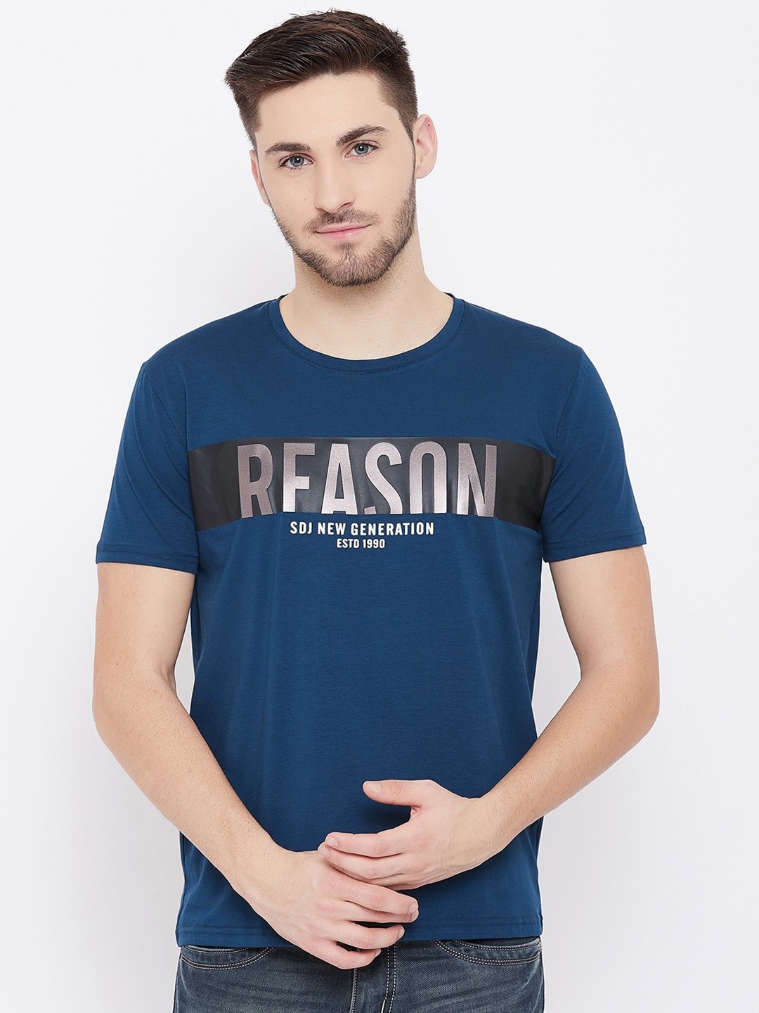 

Duke Men Blue Typography Printed Slim Fit Cotton T-shirt