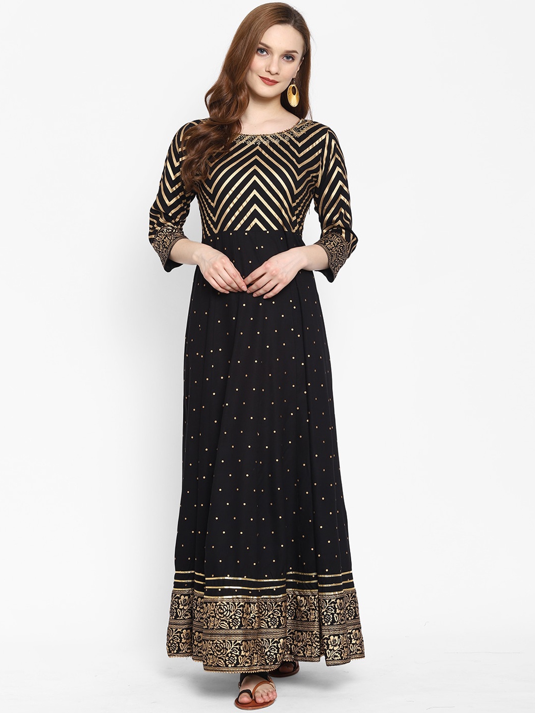 

Ramas Women Black & Gold Coloured Ethnic Motifs Foil Printed Thread Work Anarkali Kurta