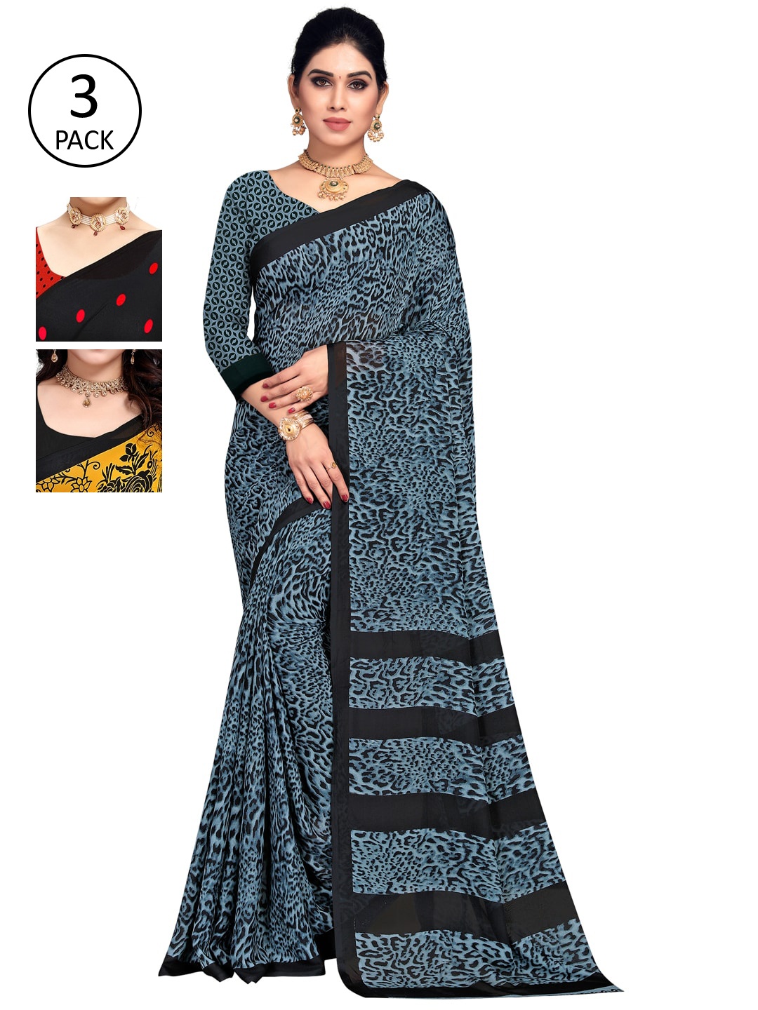 

KALINI Women Pack Of 3 Printed Sarees, Black