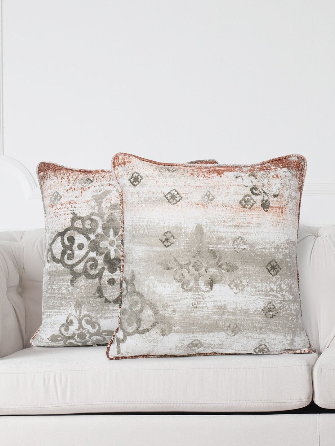 SWAYAM White & Grey Set of 2 Ethnic Motifs Square Cushion Covers