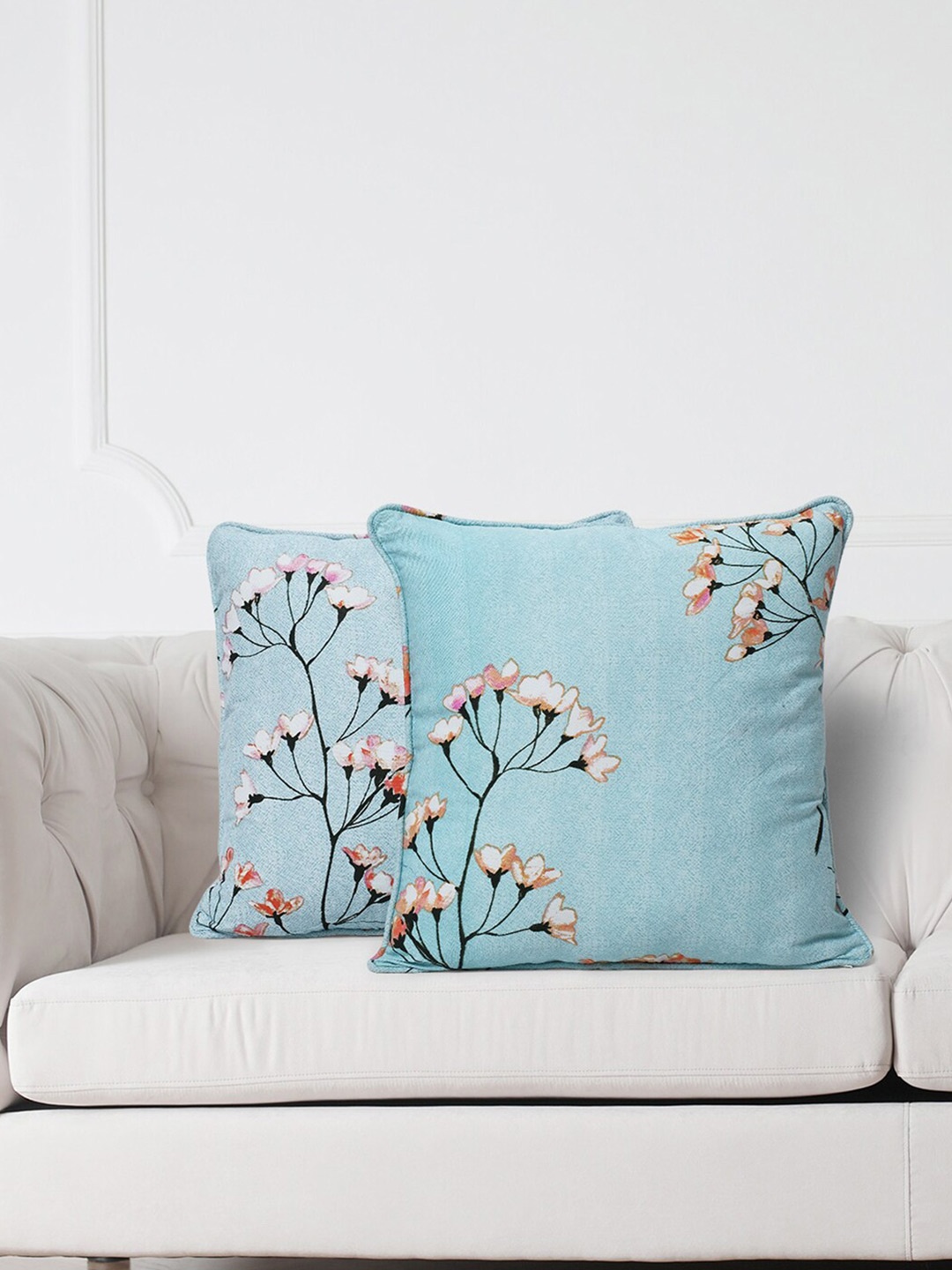 

SWAYAM Turquoise Blue & Brown Set of 2 Floral Square Cushion Covers