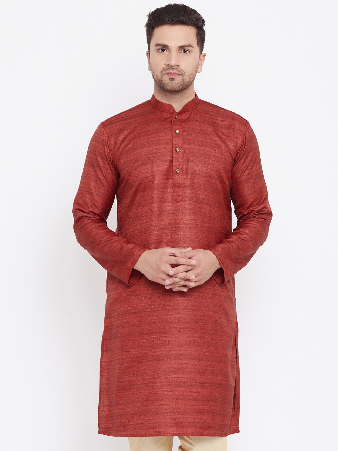 

VASTRAMAY Men Solid Maroon Silk Blend Kurta