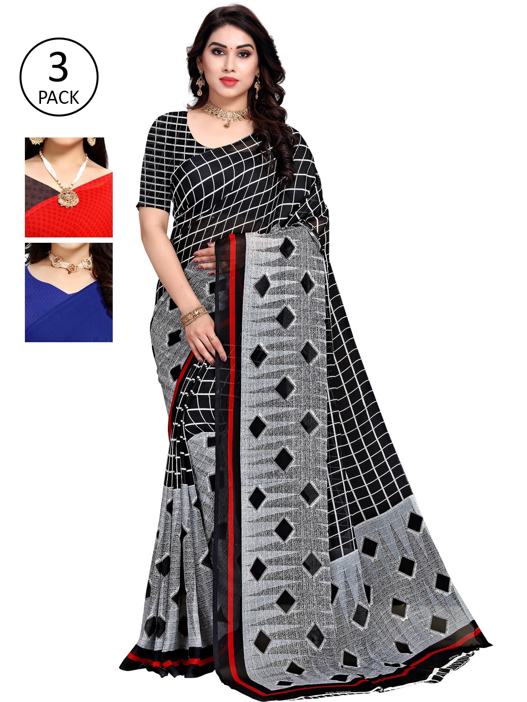 

KALINI Pack of 3 Poly Georgette Saree, Blue