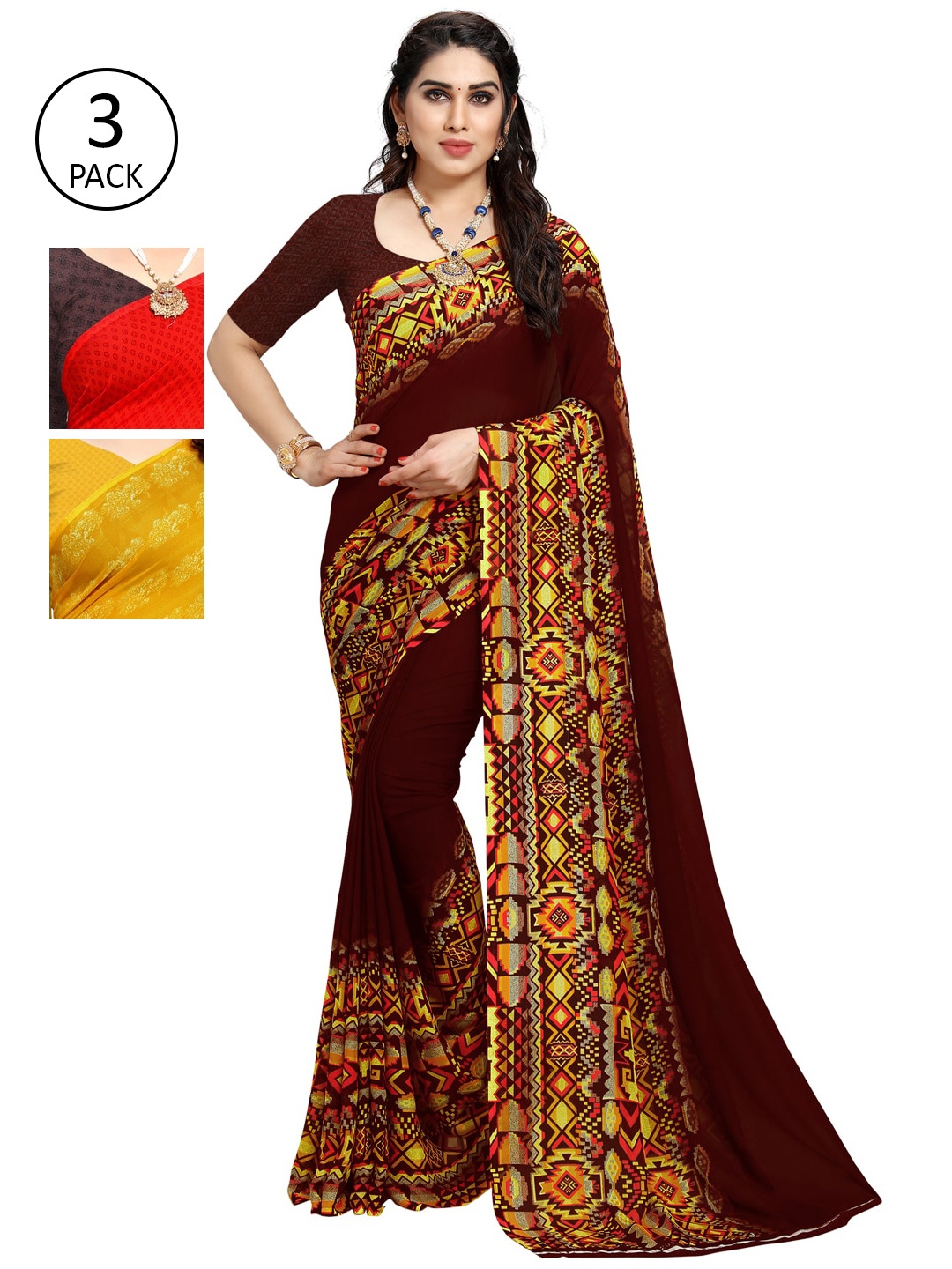 

KALINI Pack of 3 Poly Georgette Sarees, Red
