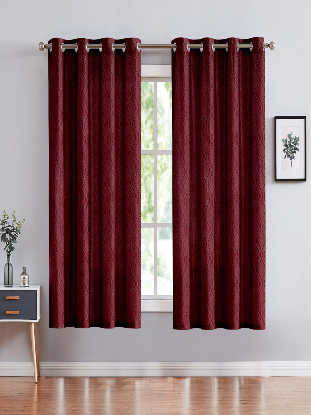 

Cortina Maroon Set of 2 Geometric Room Darkening Window Curtain