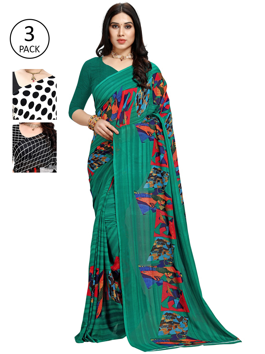 

KALINI Pack Of 3 Printed Sarees, White