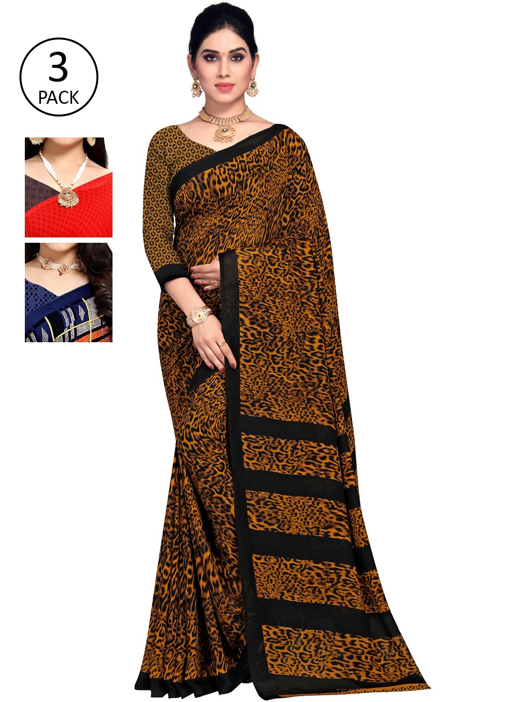 

KALINI Pack of 3 Printed Poly Geogrette Sarees, Red